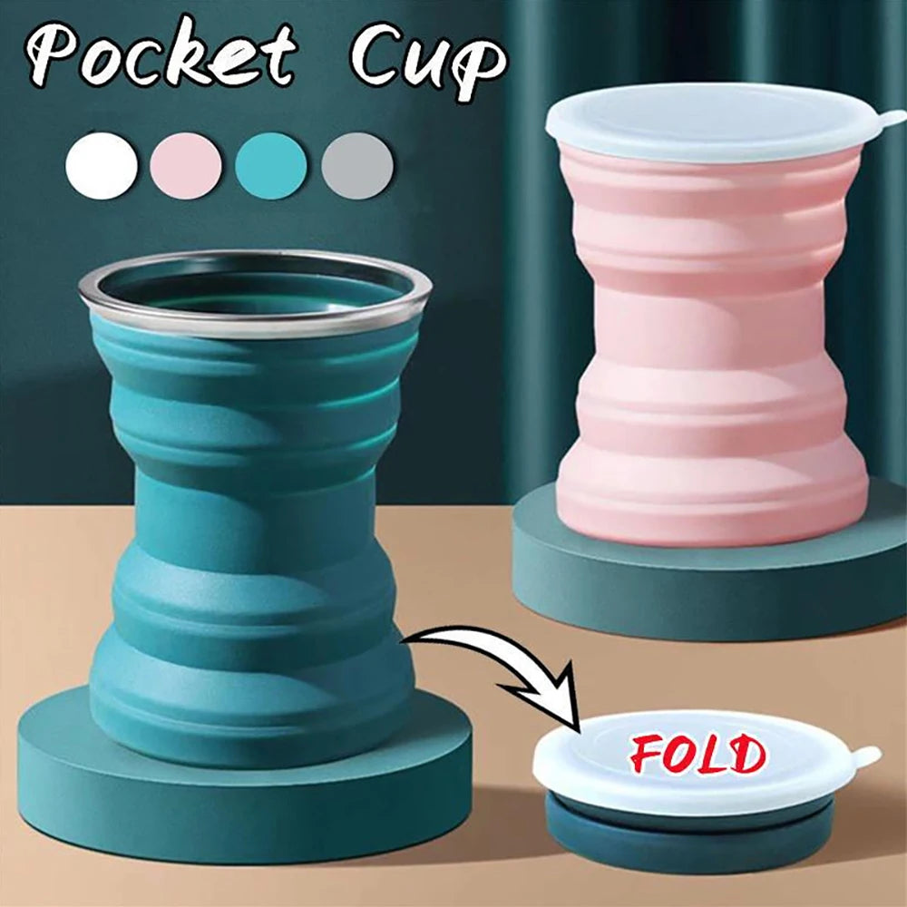 1PC Portable Silicone Cup Foldable Camping Hiking Folding Cups Travel Mug Heat Resistant Collapsible Water Cups with Lid Lanyard