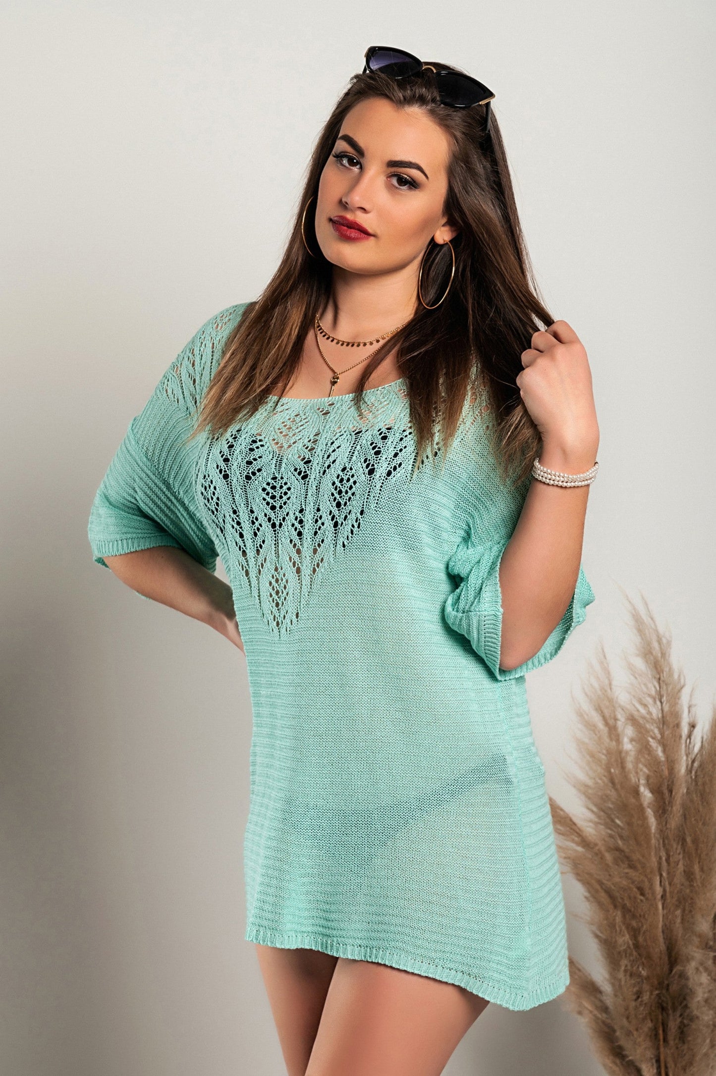 Knitted mini dress with hole detail, turquoise - Trending Products