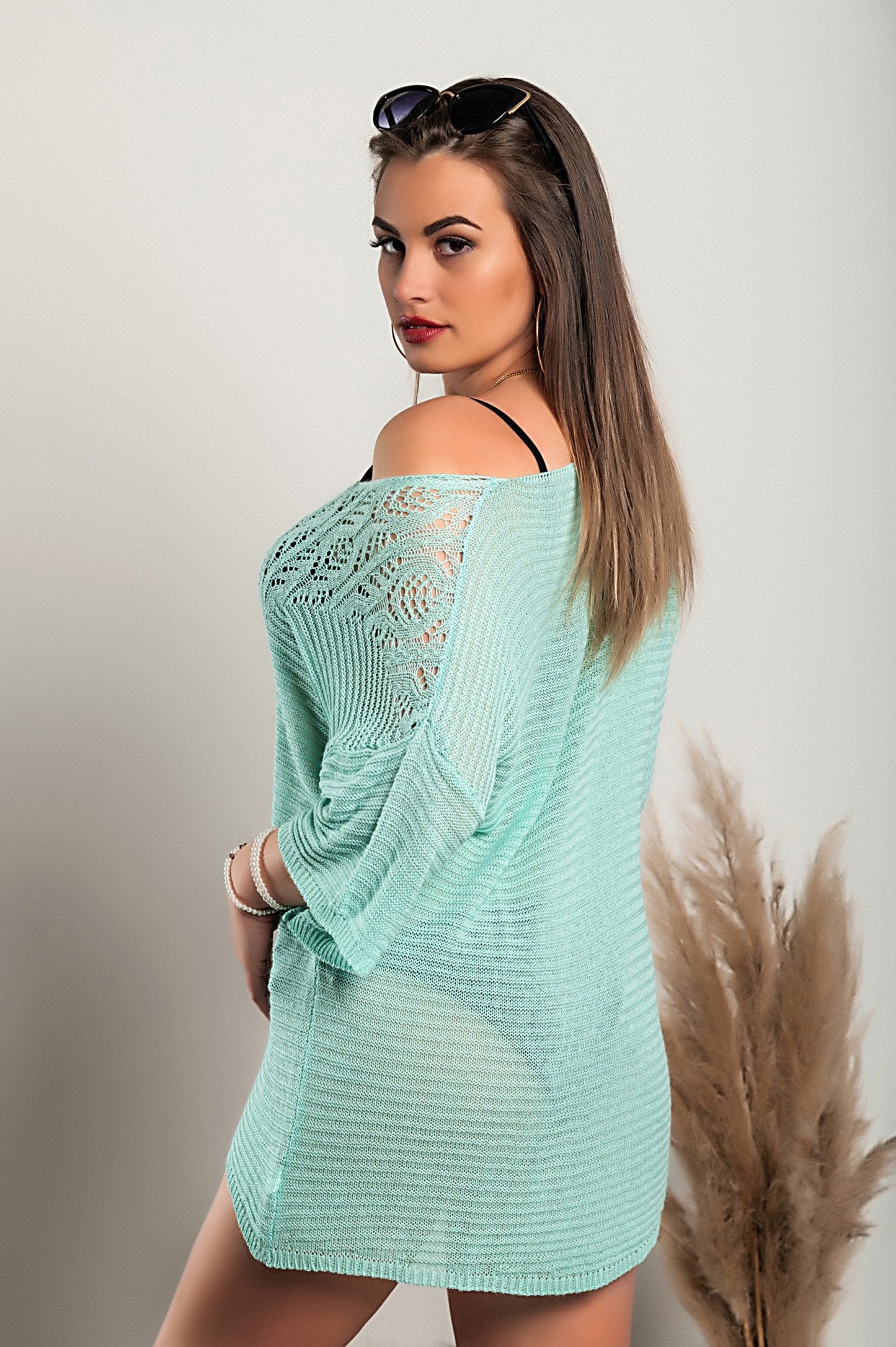 Knitted mini dress with hole detail, turquoise - Trending Products