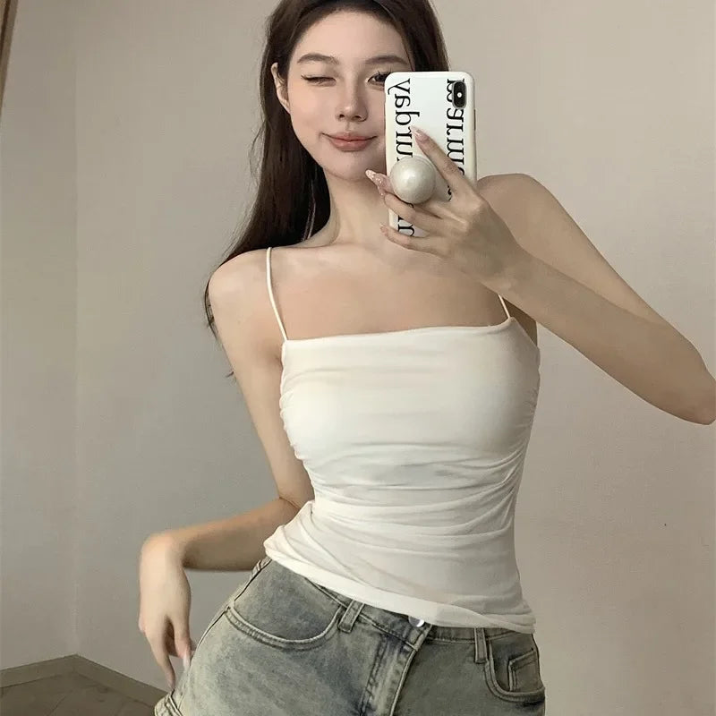 Trendy Women’s Korean Style Halter Top with Built-In Bra – Stretchy Casual Summer Tank