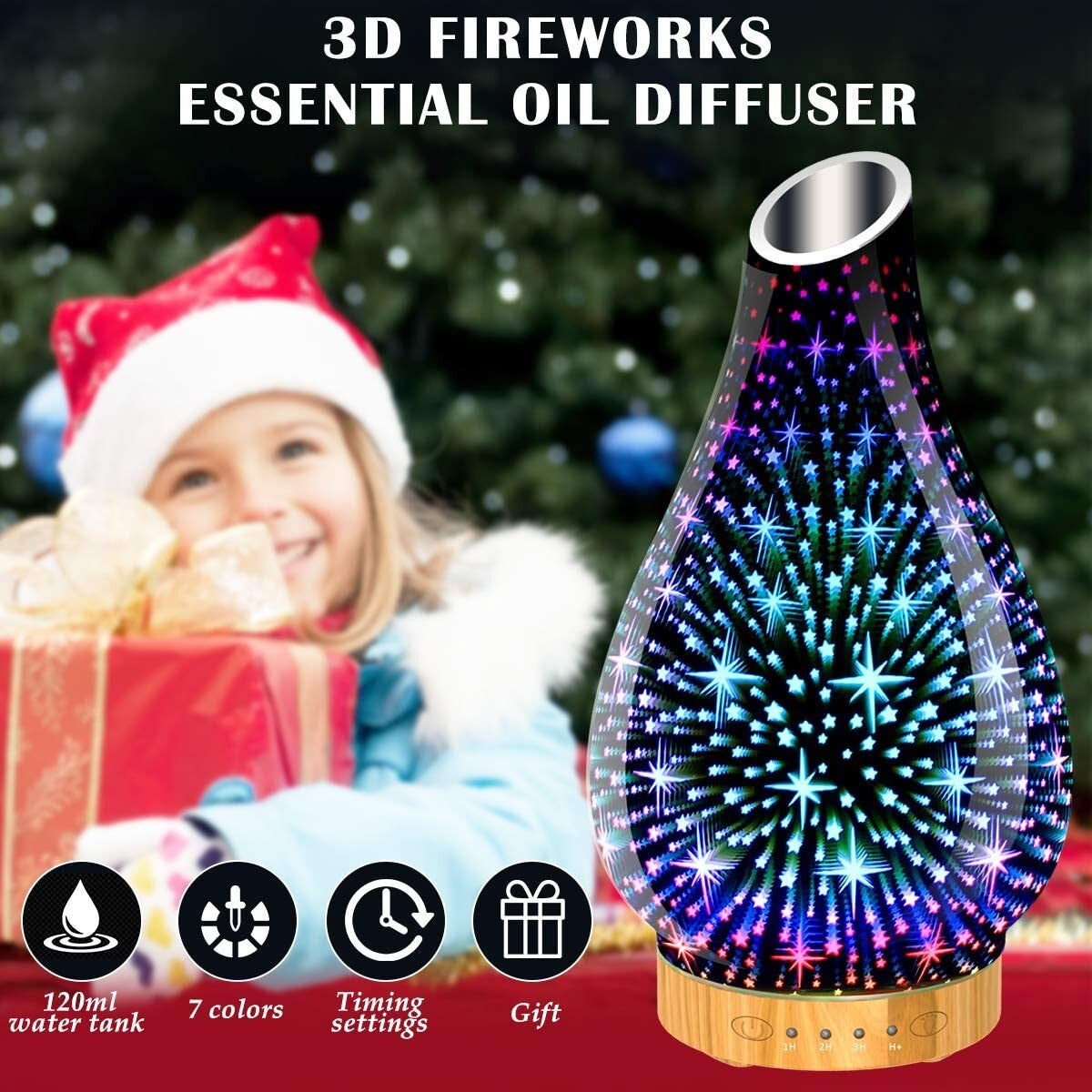Ultraschall Aroma Diffuser Luftbefeuchter mit 3D Glas & LED Licht – 7 Farben, Leise, Timer, 120 ml