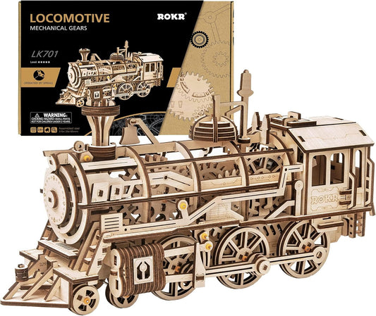 ROKR Dampflokomotive – Mechanischer 3D Holz-Bausatz mit funktionierendem Aufziehwerk