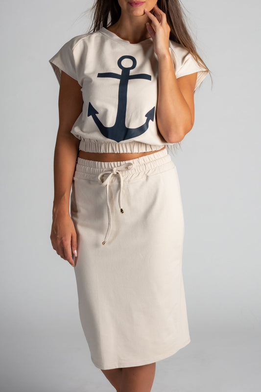 Fashion set of cropped T-shirt with anchor print Dari, beige - Trending Products 