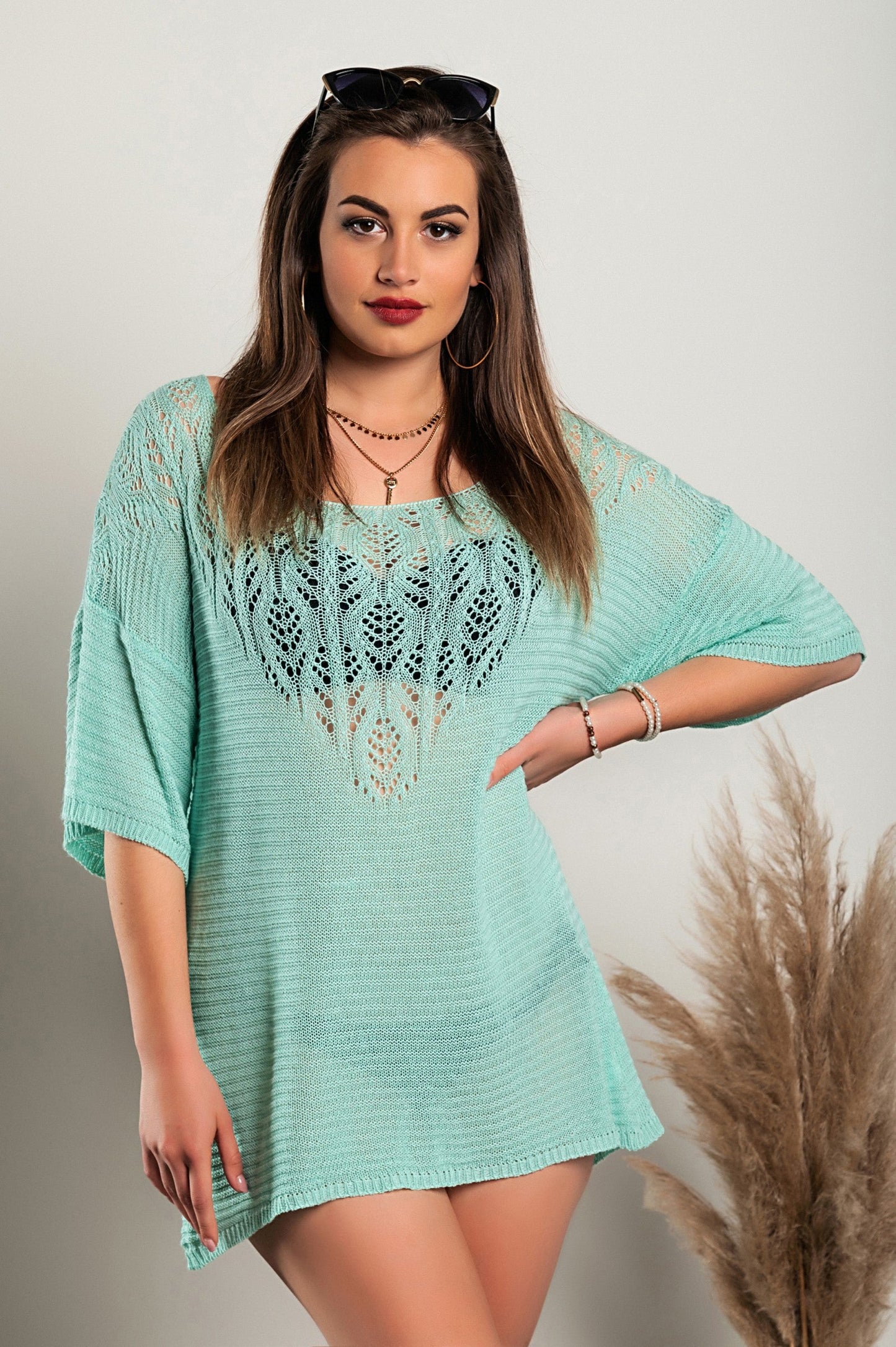 Knitted mini dress with hole detail, turquoise - Trending Products 