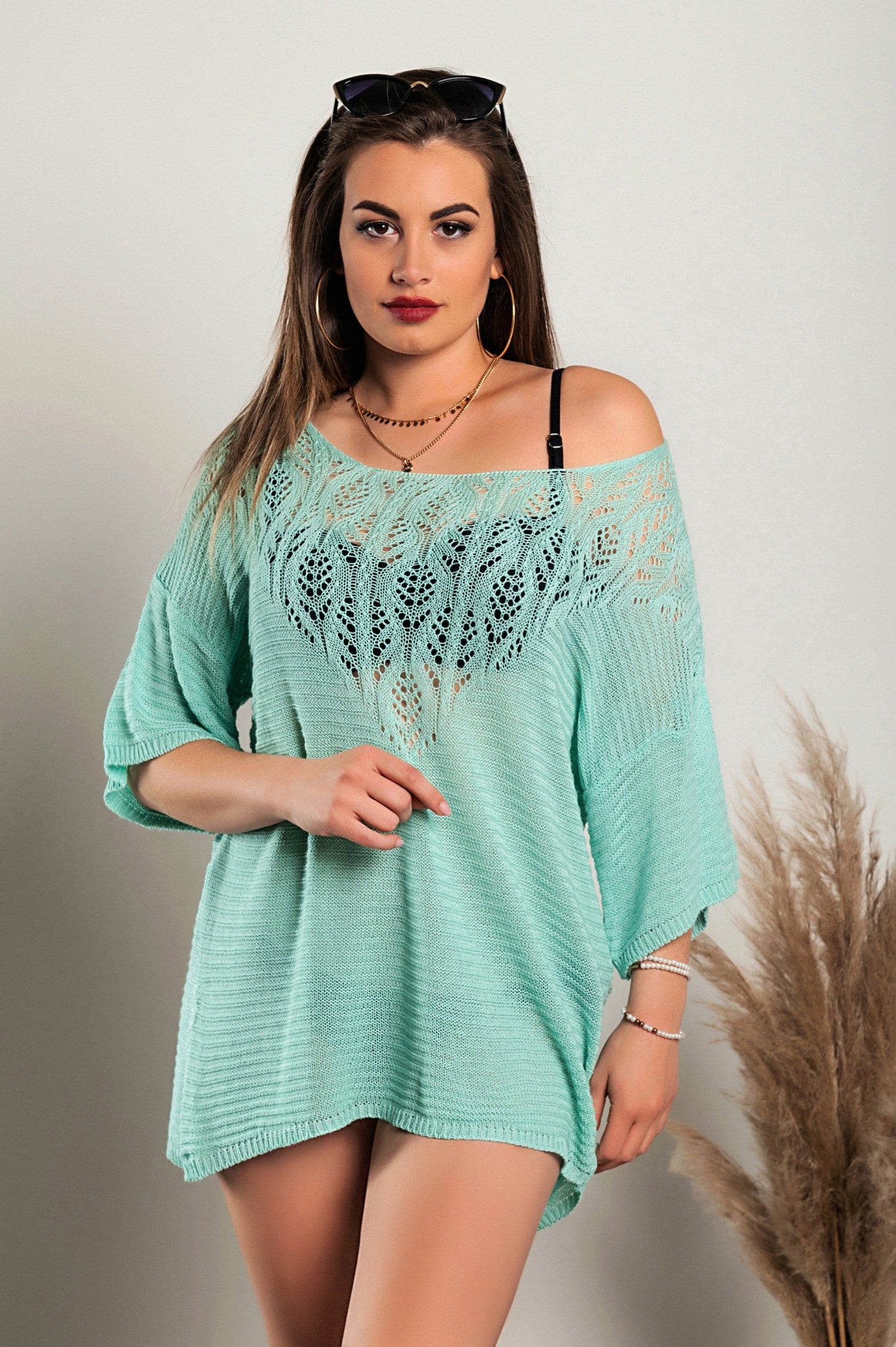 Knitted mini dress with hole detail, turquoise - Trending Products 