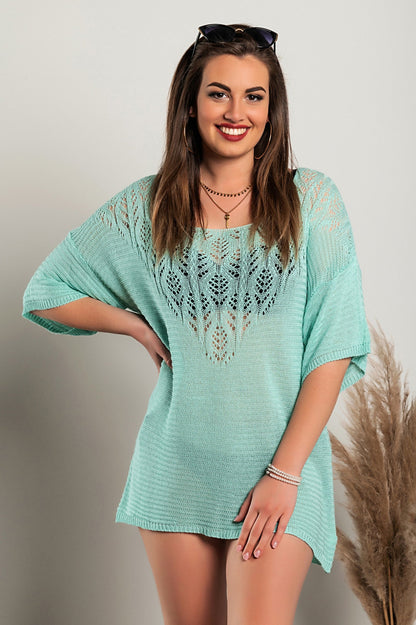 Knitted mini dress with hole detail, turquoise - Trending Products 