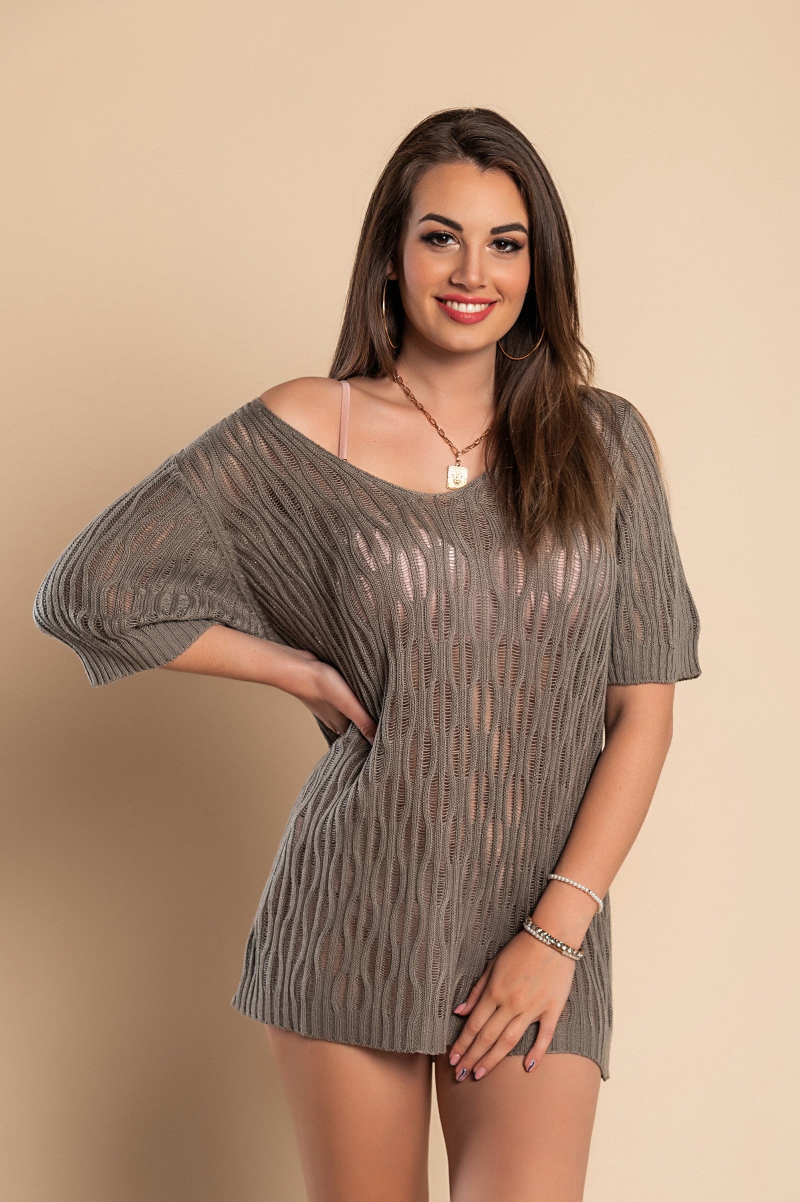 Knitted mini dress with short sleeves, gray - Trending Products 