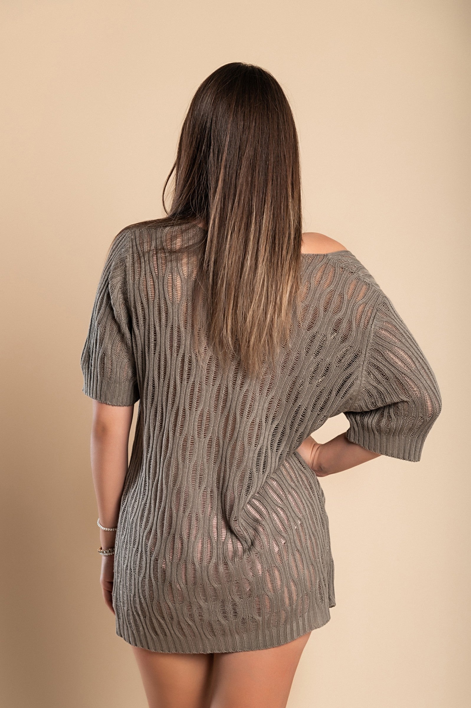 Knitted mini dress with short sleeves, gray - Trending Products 