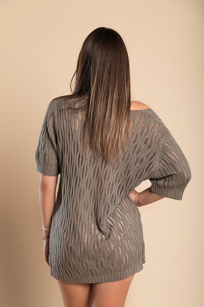 Knitted mini dress with short sleeves, gray - Trending Products 