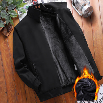 Men’s Winter Warm Stand Collar Jacket – Zipper Front Windproof Coat [Plus Velvet]