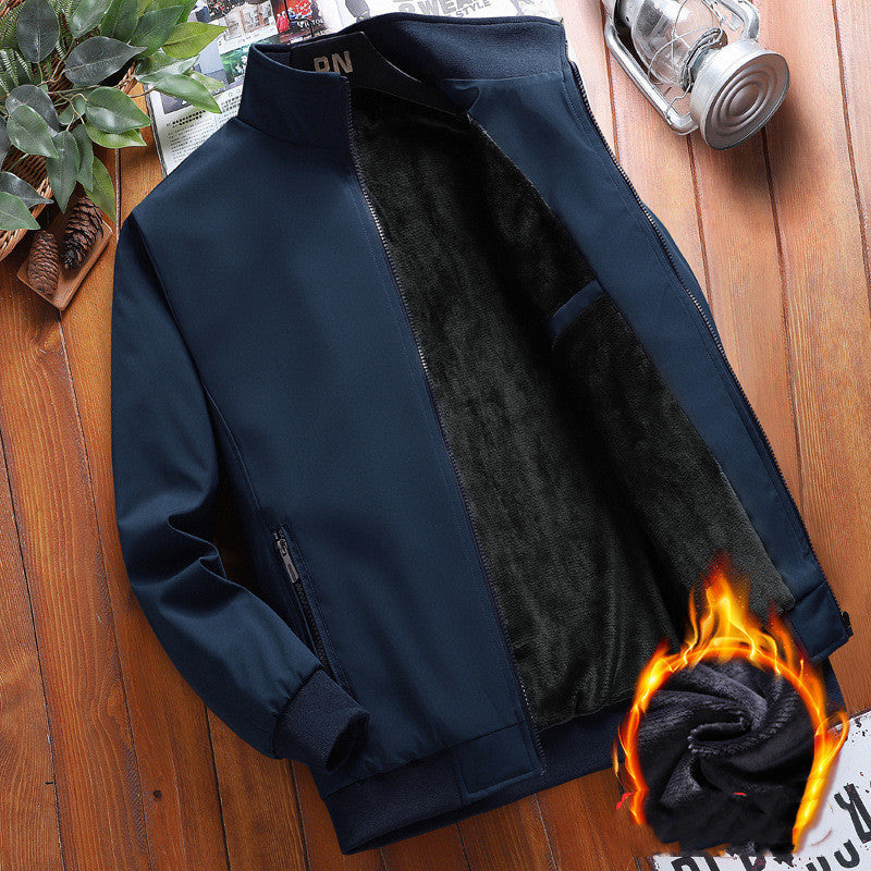 Men’s Winter Warm Stand Collar Jacket – Zipper Front Windproof Coat [Plus Velvet]