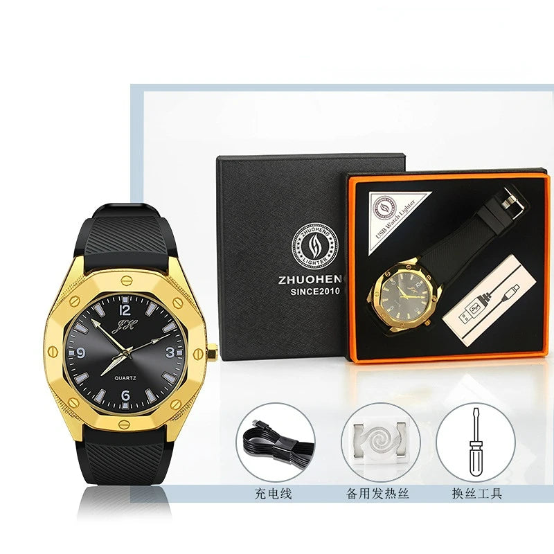 Windproof USB Rechargeable Watch Lighter – Multifunctional Metal Wristwatch with Replaceable Tungsten Wire, Creative Men’s Gift