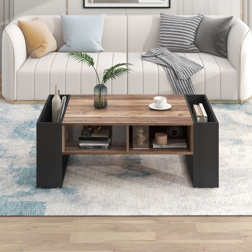 Wood-Grain Coffee Table – Black and Gray Double-Sided Storage Table with Drawer and Open Compartments