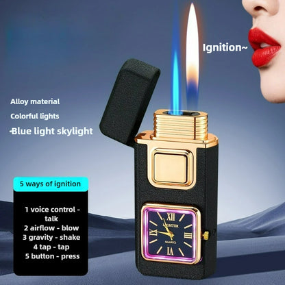 True Watch Voice Controlled Ignition Dual Fire Butane Gas Lighter Visual Gas Window Open Flame Charge Jet Flame Electric Lighter