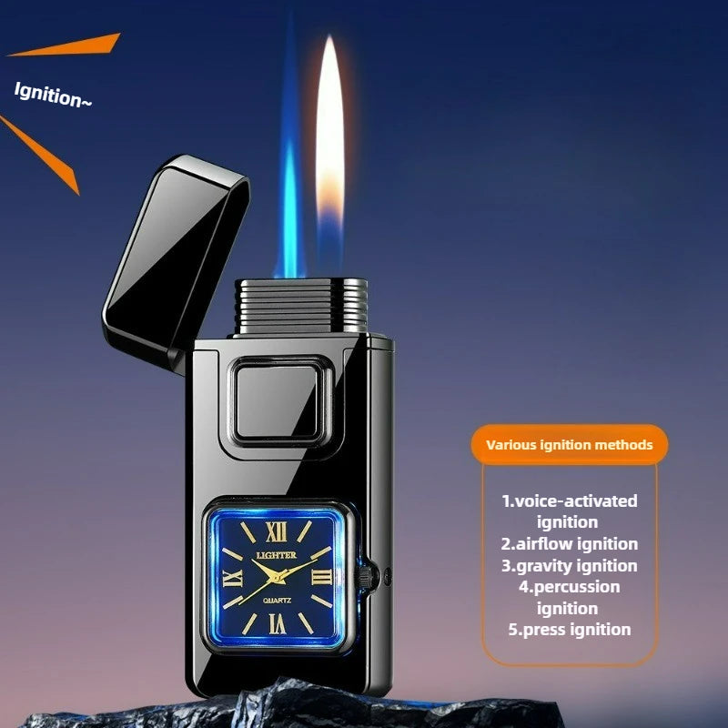 True Watch Voice Controlled Ignition Dual Fire Butane Gas Lighter Visual Gas Window Open Flame Charge Jet Flame Electric Lighter