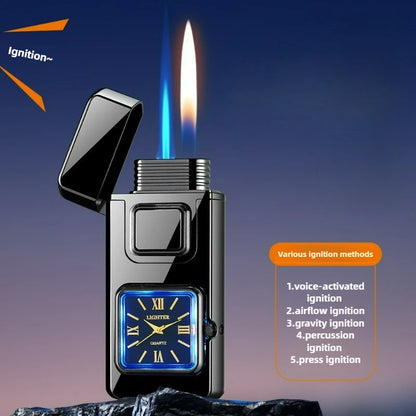 True Watch Voice Controlled Ignition Dual Fire Butane Gas Lighter Visual Gas Window Open Flame Charge Jet Flame Electric Lighter