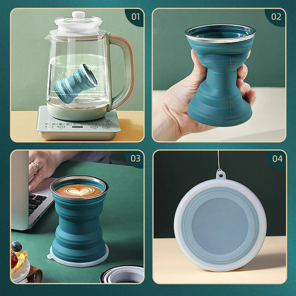 1PC Portable Silicone Cup Foldable Camping Hiking Folding Cups Travel Mug Heat Resistant Collapsible Water Cups with Lid Lanyard