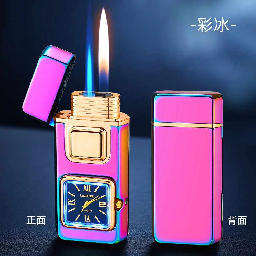 True Watch Voice Controlled Ignition Dual Fire Butane Gas Lighter Visual Gas Window Open Flame Charge Jet Flame Electric Lighter