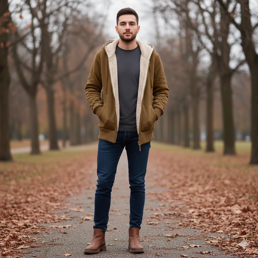 Man wearing a brown jacket with a fur-lined hood in an autumn park.