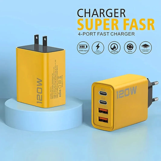 Insgesamt 120 W 4-Port-USB-Typ-C-Ladegerät, Schnellladedatenkabel, USB-Telefonladegerät-Adapter für Samsung, iPhone, Xiaomi, Wandladegerät