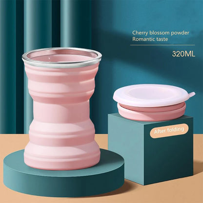1PC Portable Silicone Cup Foldable Camping Hiking Folding Cups Travel Mug Heat Resistant Collapsible Water Cups with Lid Lanyard