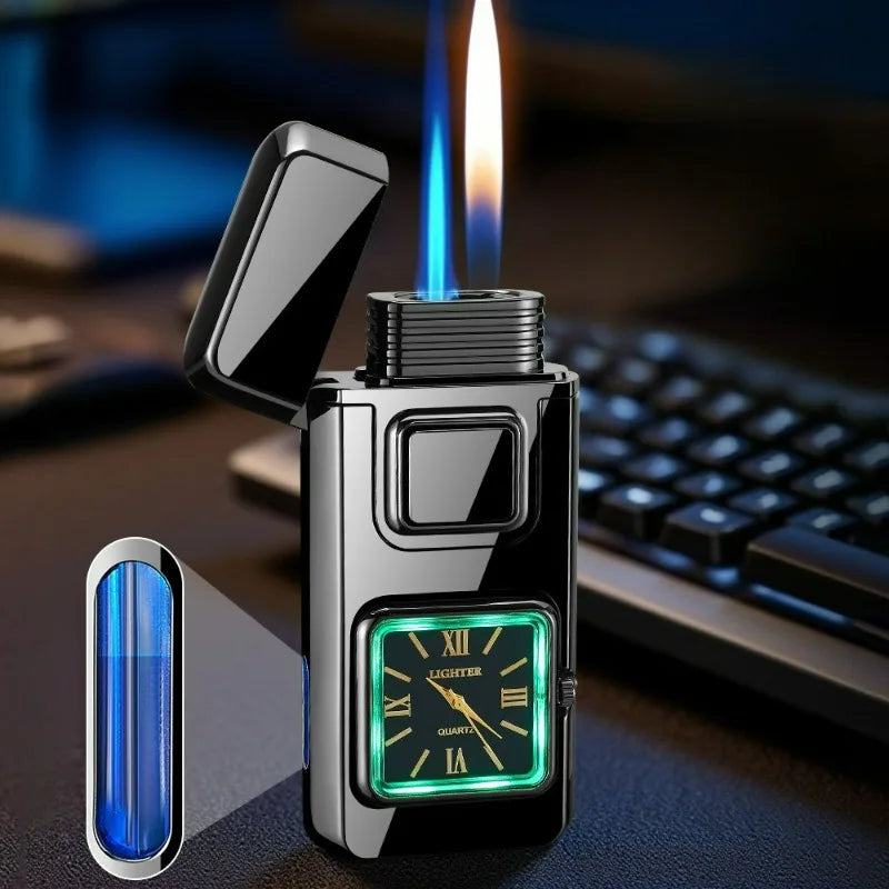 True Watch Voice Controlled Ignition Dual Fire Butane Gas Lighter Visual Gas Window Open Flame Charge Jet Flame Electric Lighter