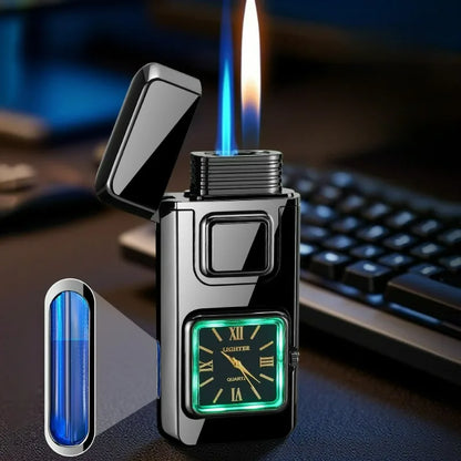 True Watch Voice Controlled Ignition Dual Fire Butane Gas Lighter Visual Gas Window Open Flame Charge Jet Flame Electric Lighter