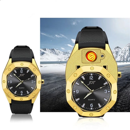 Windproof USB Rechargeable Watch Lighter – Multifunctional Metal Wristwatch with Replaceable Tungsten Wire, Creative Men’s Gift