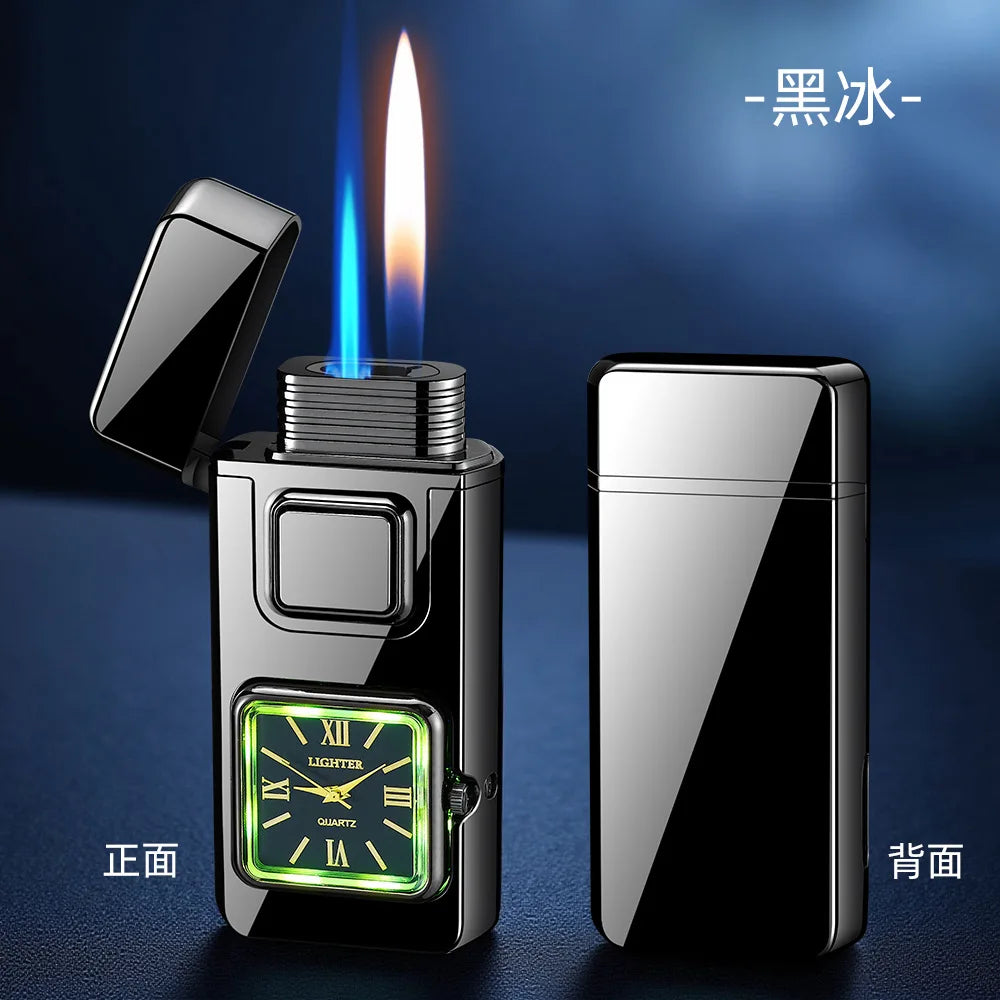 True Watch Voice Controlled Ignition Dual Fire Butane Gas Lighter Visual Gas Window Open Flame Charge Jet Flame Electric Lighter