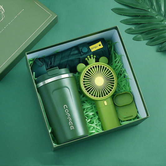 Abschluss Geschenkbox – Elegantes Grünes TZ-1 Set mit Thermoskanne, Ventilator & Regenschirm